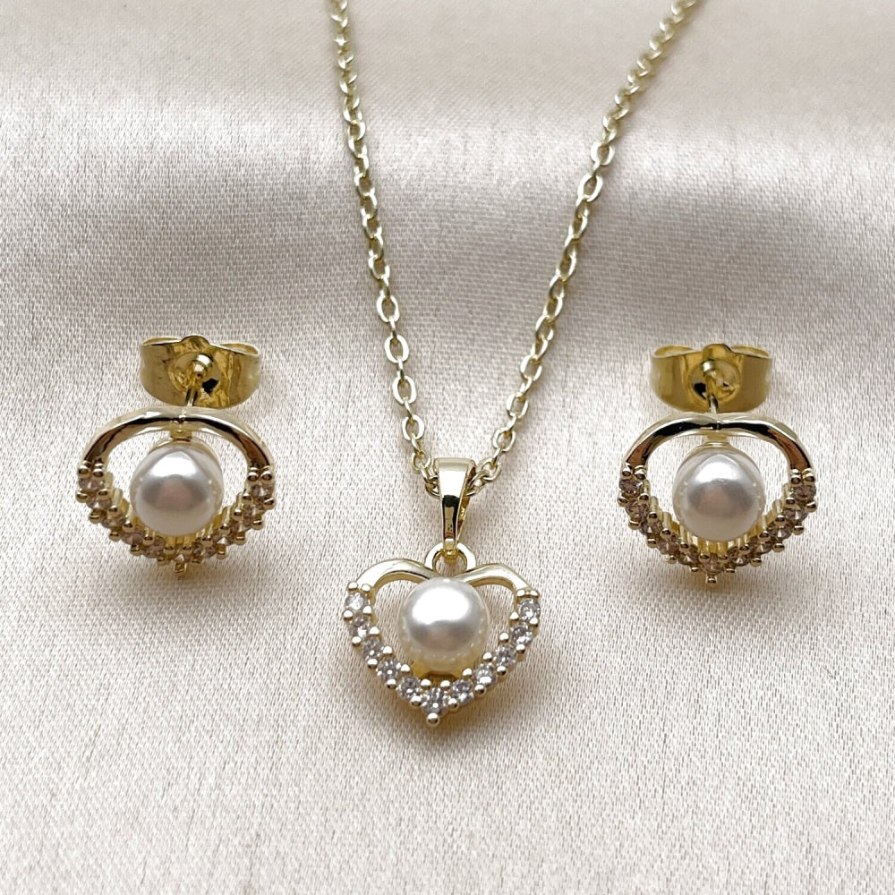 Oro Laminado Earring and Pendant Adult Set, Gold Filled Style Heart and Cluster Design, with Ivory Pearl and White Cubic Zirconia, Polished, Golden Finish