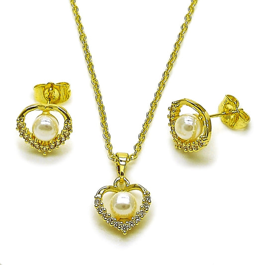 Oro Laminado Earring and Pendant Adult Set, Gold Filled Style Heart and Cluster Design, with Ivory Pearl and White Cubic Zirconia, Polished, Golden Finish