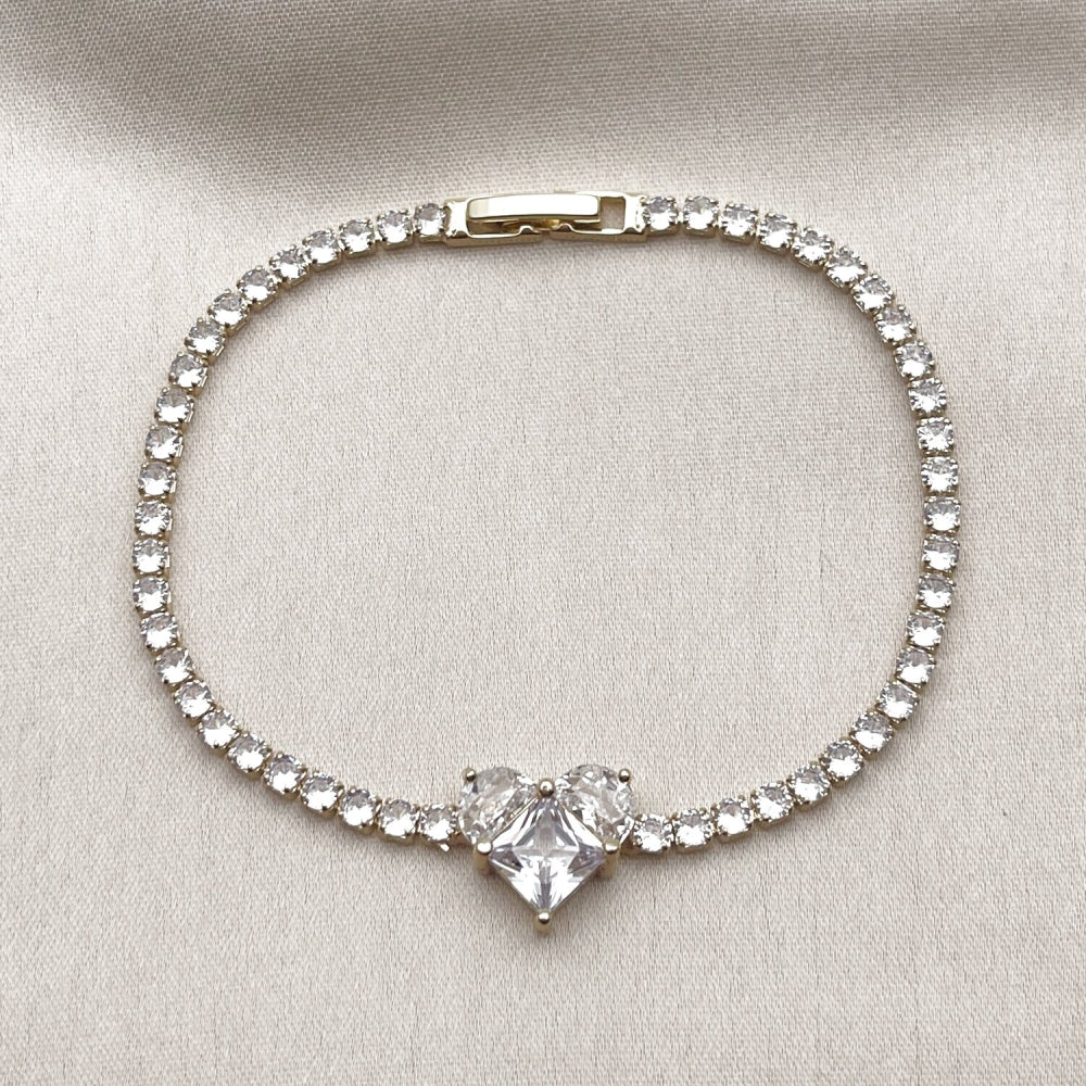 Oro Laminado Fancy Bracelet, Gold Filled Style Heart Design, with White Cubic Zirconia, Polished, Golden Finish