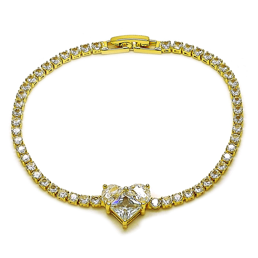 Oro Laminado Fancy Bracelet, Gold Filled Style Heart Design, with White Cubic Zirconia, Polished, Golden Finish