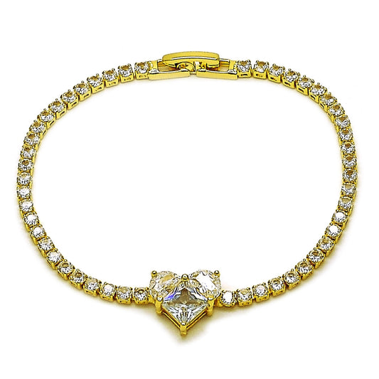 Oro Laminado Fancy Bracelet, Gold Filled Style Heart Design, with White Cubic Zirconia, Polished, Golden Finish