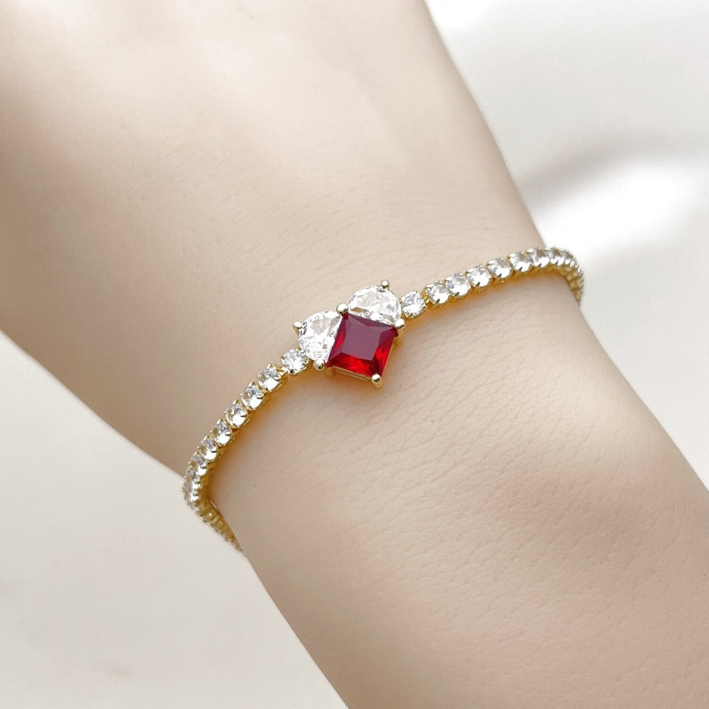 Oro Laminado Fancy Bracelet, Gold Filled Style Heart Design, with Garnet and White Cubic Zirconia, Polished, Golden Finish
