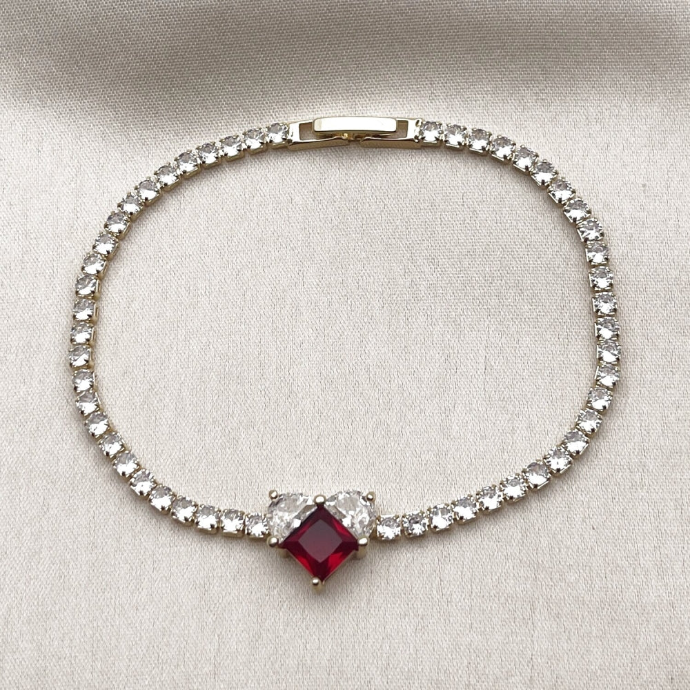 Oro Laminado Fancy Bracelet, Gold Filled Style Heart Design, with Garnet and White Cubic Zirconia, Polished, Golden Finish