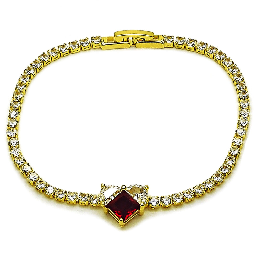 Oro Laminado Fancy Bracelet, Gold Filled Style Heart Design, with Garnet and White Cubic Zirconia, Polished, Golden Finish