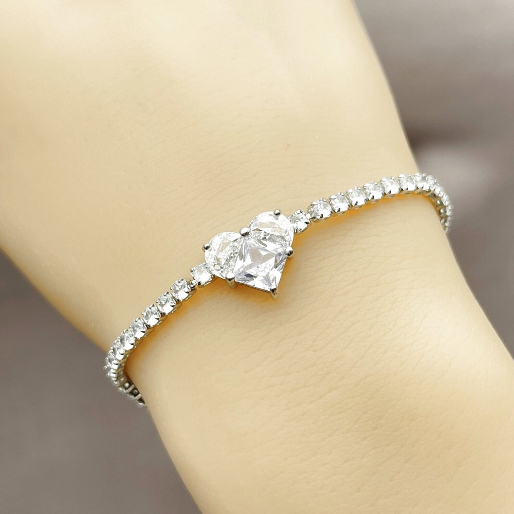 Rhodium Gold Filled Fancy Bracelet, Heart Design, with White Cubic Zirconia, Polished, Rhodium Finish