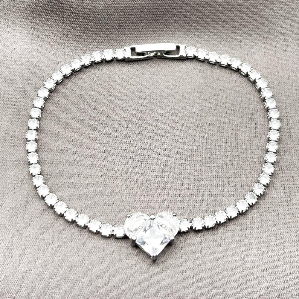 Rhodium Gold Filled Fancy Bracelet, Heart Design, with White Cubic Zirconia, Polished, Rhodium Finish