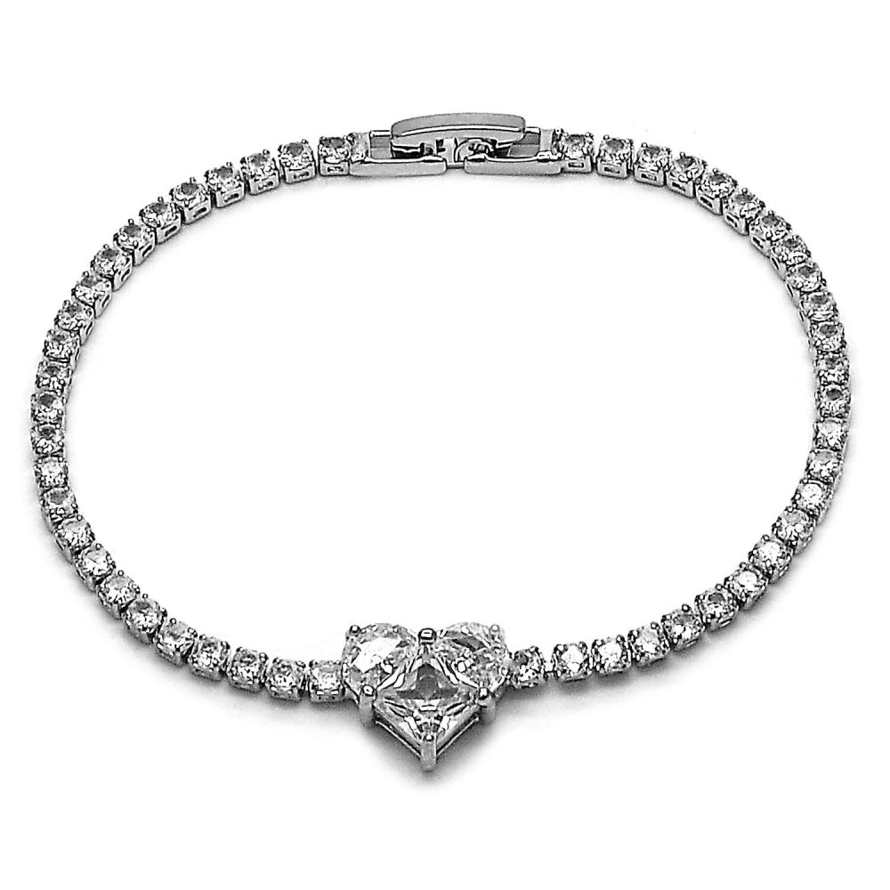 Rhodium Gold Filled Fancy Bracelet, Heart Design, with White Cubic Zirconia, Polished, Rhodium Finish