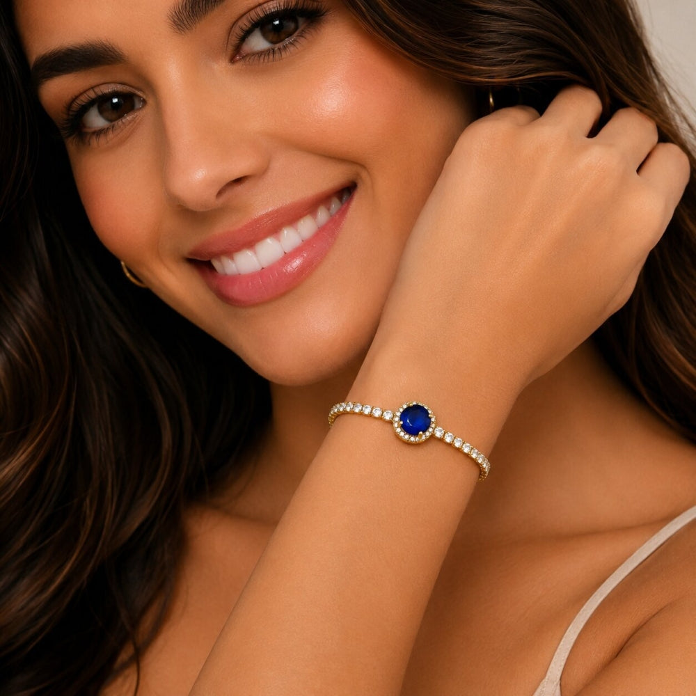Oro Laminado Fancy Bracelet, Gold Filled Style Cluster Design, with Sapphire Blue and White Cubic Zirconia, Polished, Golden Finish