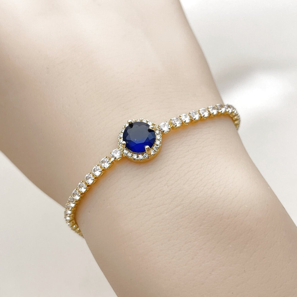 Oro Laminado Fancy Bracelet, Gold Filled Style Cluster Design, with Sapphire Blue and White Cubic Zirconia, Polished, Golden Finish