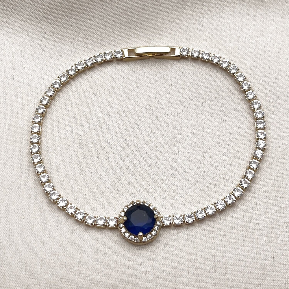Oro Laminado Fancy Bracelet, Gold Filled Style Cluster Design, with Sapphire Blue and White Cubic Zirconia, Polished, Golden Finish