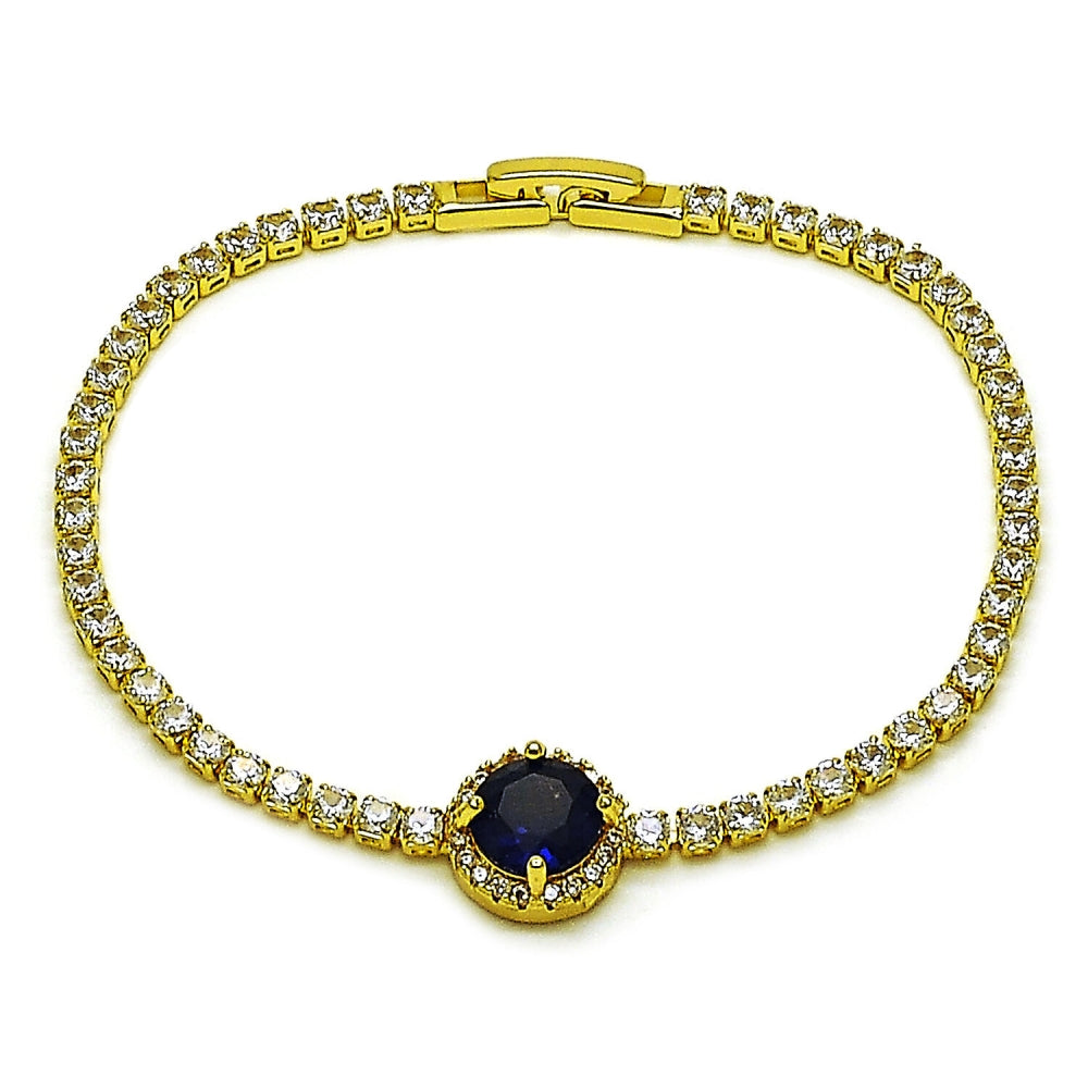 Oro Laminado Fancy Bracelet, Gold Filled Style Cluster Design, with Sapphire Blue and White Cubic Zirconia, Polished, Golden Finish