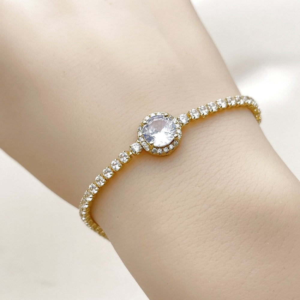 Oro Laminado Fancy Bracelet, Gold Filled Style Cluster Design, with White Cubic Zirconia, Polished, Golden Finish