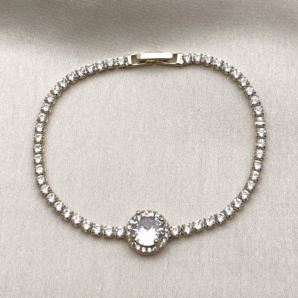 Oro Laminado Fancy Bracelet, Gold Filled Style Cluster Design, with White Cubic Zirconia, Polished, Golden Finish