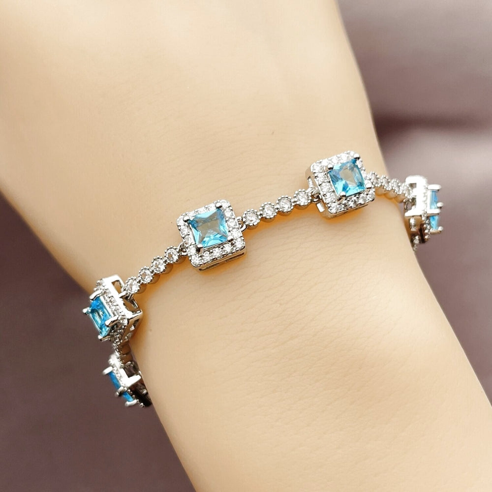 Rhodium Gold Filled Tennis Bracelet, Cluster Design, with Indicolite and White Cubic Zirconia, Polished, Rhodium Finish