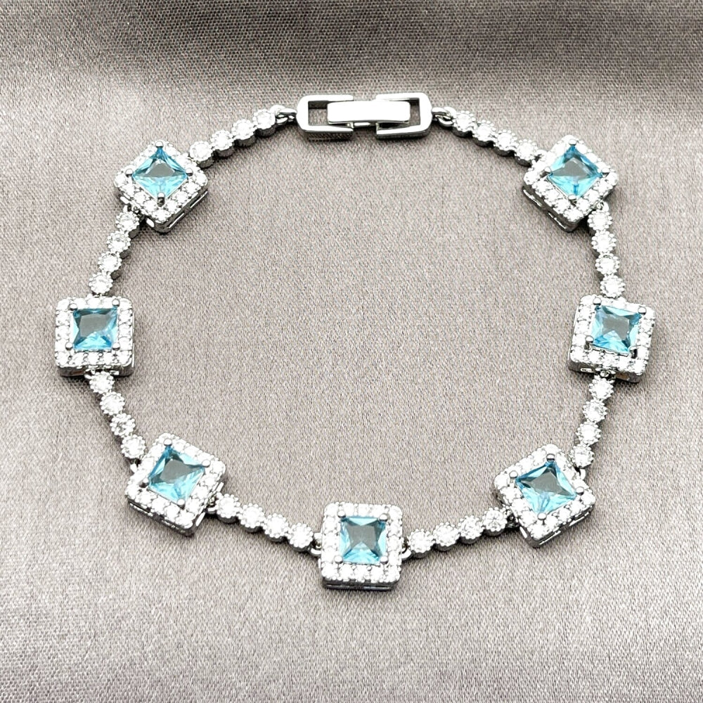 Rhodium Gold Filled Tennis Bracelet, Cluster Design, with Indicolite and White Cubic Zirconia, Polished, Rhodium Finish