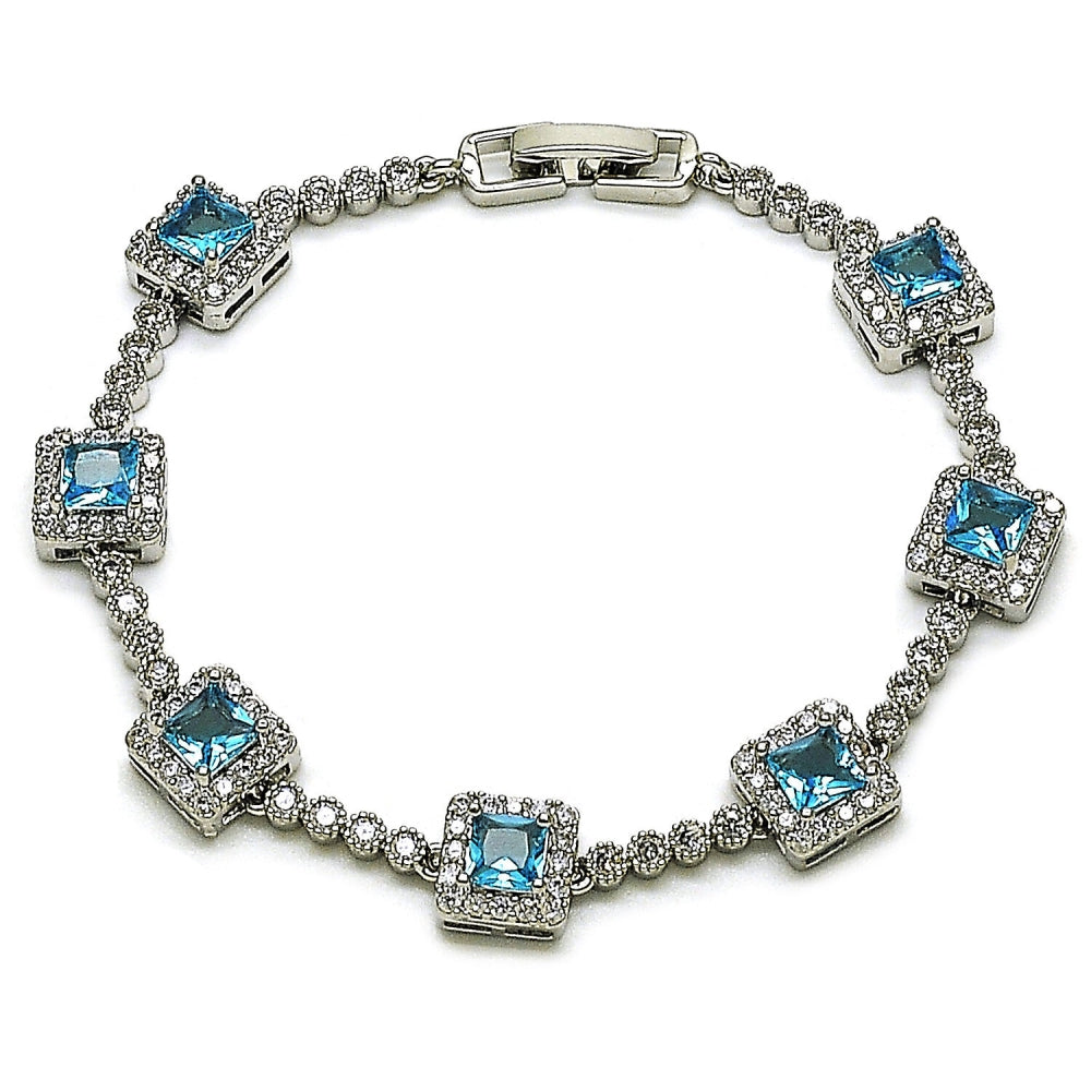 Rhodium Gold Filled Tennis Bracelet, Cluster Design, with Indicolite and White Cubic Zirconia, Polished, Rhodium Finish