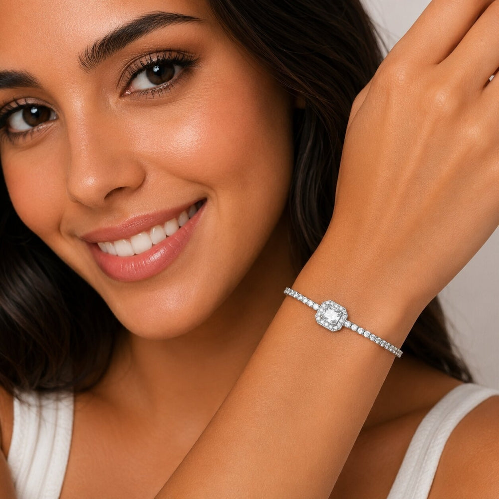 Rhodium Gold Filled Fancy Bracelet, Cluster Design, with White Cubic Zirconia and White Micro Pave, Polished, Rhodium Finish