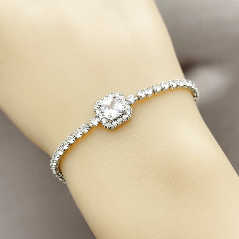 Rhodium Gold Filled Fancy Bracelet, Cluster Design, with White Cubic Zirconia and White Micro Pave, Polished, Rhodium Finish