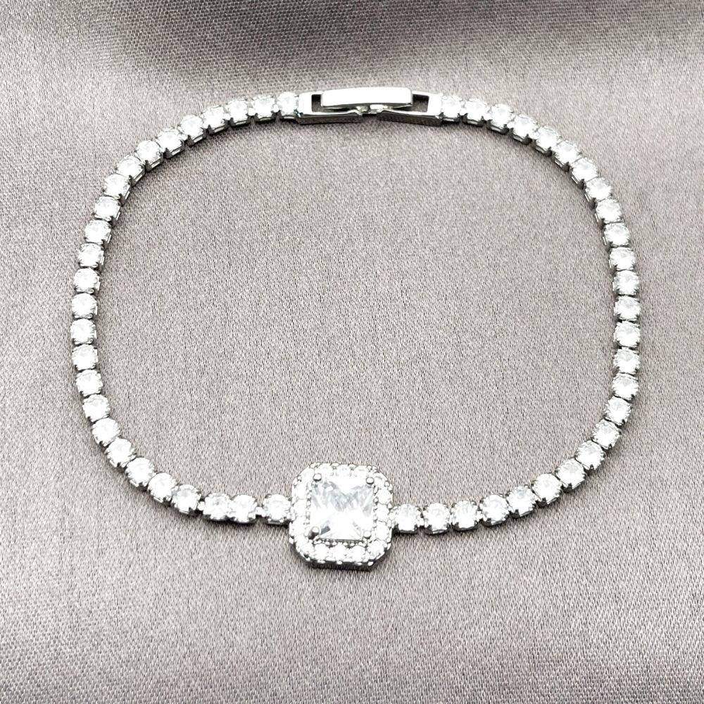 Rhodium Gold Filled Fancy Bracelet, Cluster Design, with White Cubic Zirconia and White Micro Pave, Polished, Rhodium Finish
