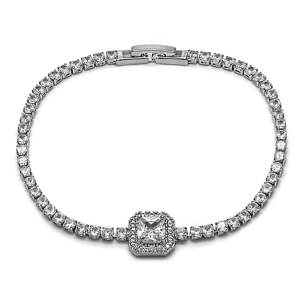 Rhodium Gold Filled Fancy Bracelet, Cluster Design, with White Cubic Zirconia and White Micro Pave, Polished, Rhodium Finish