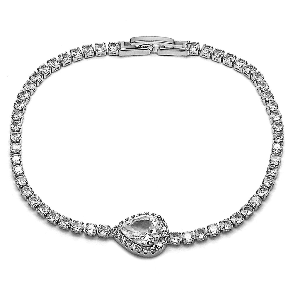 Rhodium Gold Filled Fancy Bracelet, Teardrop and Cluster Design, with White Cubic Zirconia and White Micro Pave, Polished, Rhodium Finish