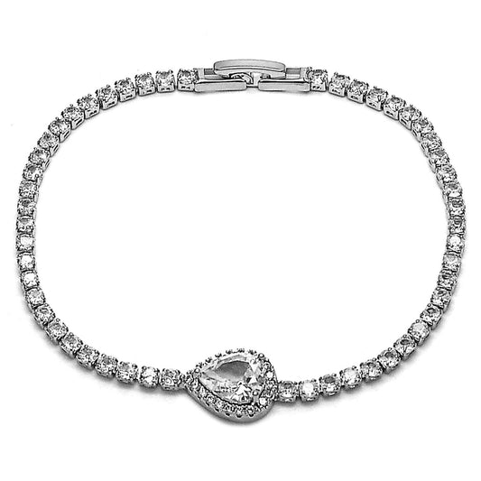 Rhodium Gold Filled Fancy Bracelet, Teardrop and Cluster Design, with White Cubic Zirconia and White Micro Pave, Polished, Rhodium Finish