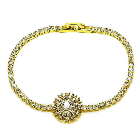 Oro Laminado Fancy Bracelet, Gold Filled Style Flower Design, with White Cubic Zirconia, Polished, Golden Finish
