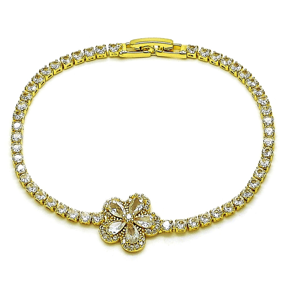 Oro Laminado Fancy Bracelet, Gold Filled Style Flower and Teardrop Design, with White Cubic Zirconia, Polished, Golden Finish