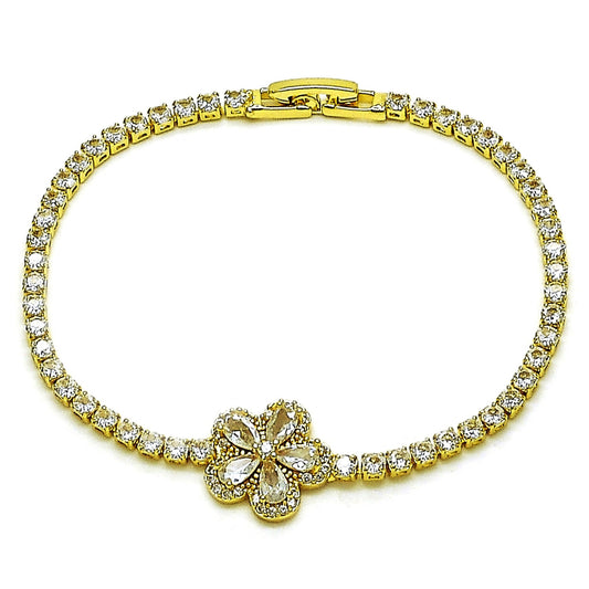 Oro Laminado Fancy Bracelet, Gold Filled Style Flower and Teardrop Design, with White Cubic Zirconia, Polished, Golden Finish