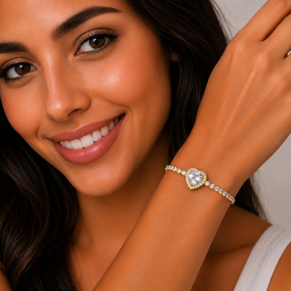 Oro Laminado Fancy Bracelet, Gold Filled Style Heart and Cluster Design, with White Cubic Zirconia, Polished, Golden Finish