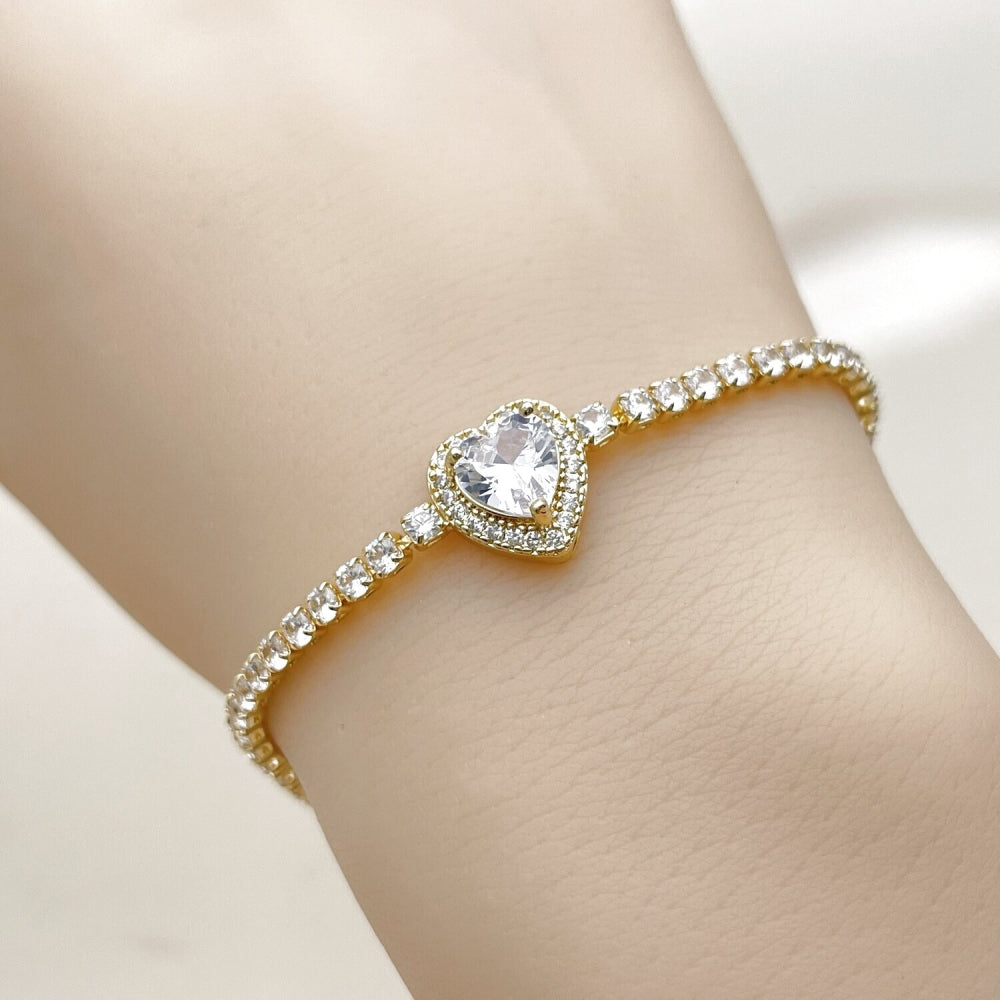 Oro Laminado Fancy Bracelet, Gold Filled Style Heart and Cluster Design, with White Cubic Zirconia, Polished, Golden Finish