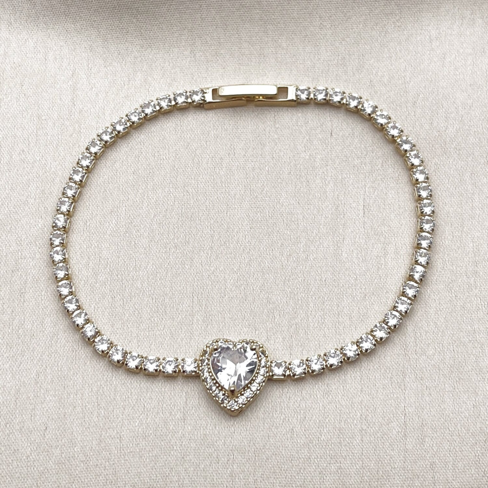 Oro Laminado Fancy Bracelet, Gold Filled Style Heart and Cluster Design, with White Cubic Zirconia, Polished, Golden Finish