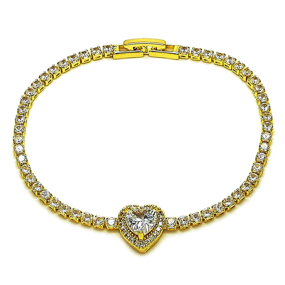 Oro Laminado Fancy Bracelet, Gold Filled Style Heart and Cluster Design, with White Cubic Zirconia, Polished, Golden Finish