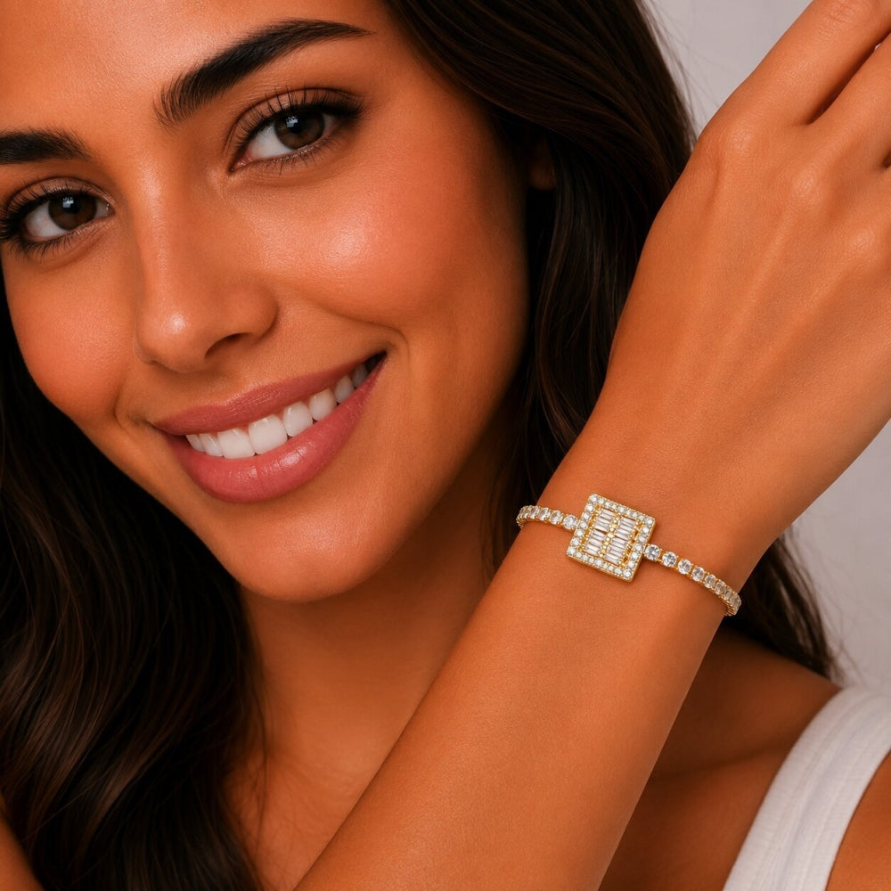 Oro Laminado Fancy Bracelet, Gold Filled Style Baguette Design, with White Cubic Zirconia, Polished, Golden Finish