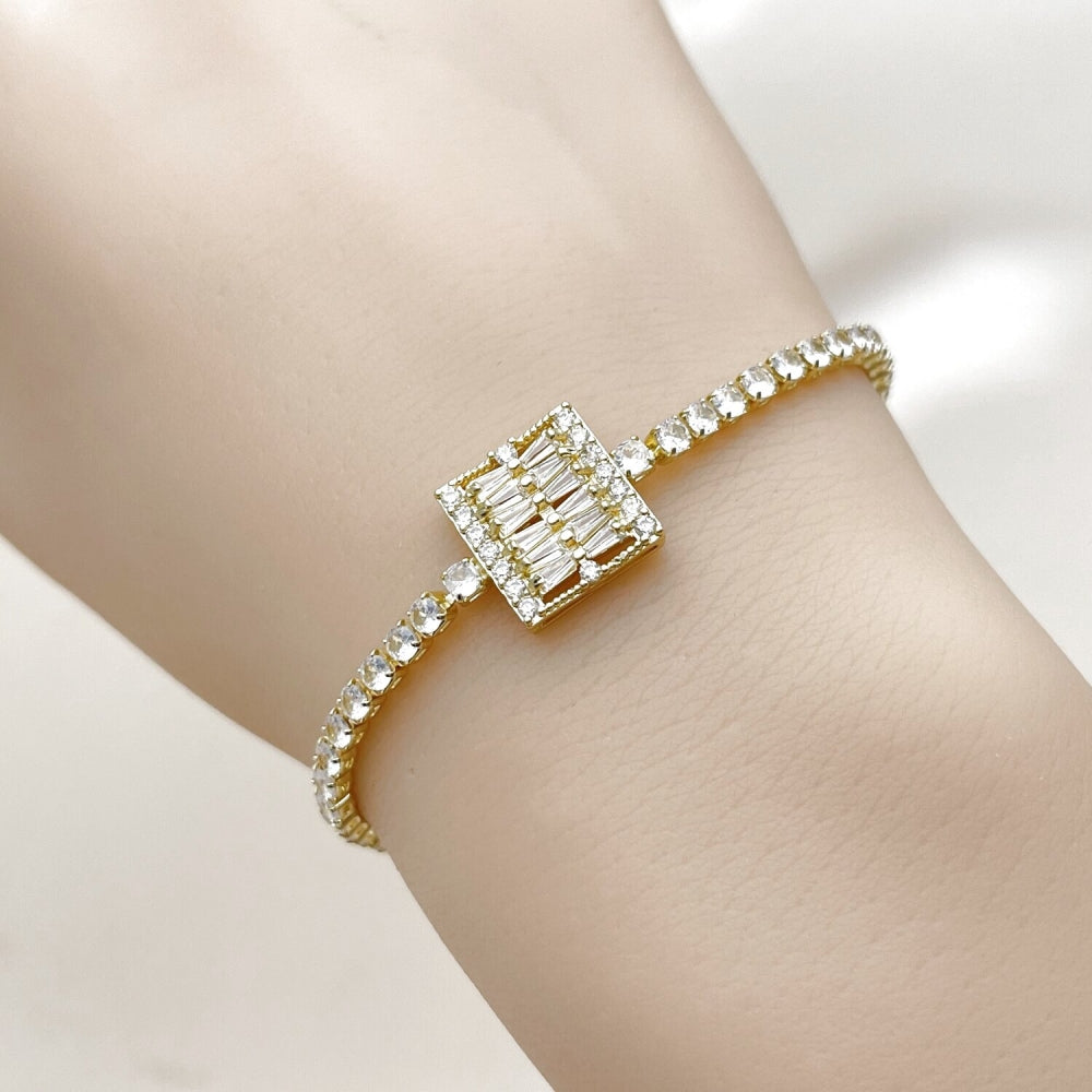 Oro Laminado Fancy Bracelet, Gold Filled Style Baguette Design, with White Cubic Zirconia, Polished, Golden Finish