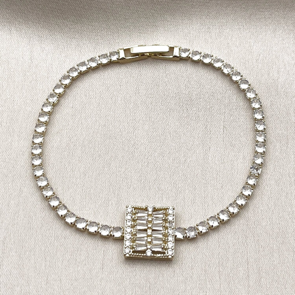 Oro Laminado Fancy Bracelet, Gold Filled Style Baguette Design, with White Cubic Zirconia, Polished, Golden Finish