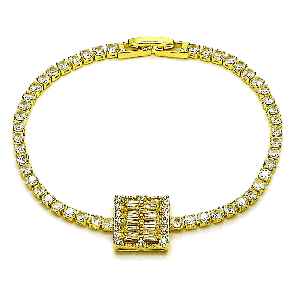 Oro Laminado Fancy Bracelet, Gold Filled Style Baguette Design, with White Cubic Zirconia, Polished, Golden Finish