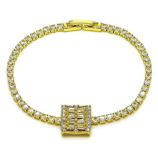 Oro Laminado Fancy Bracelet, Gold Filled Style Baguette Design, with White Cubic Zirconia, Polished, Golden Finish