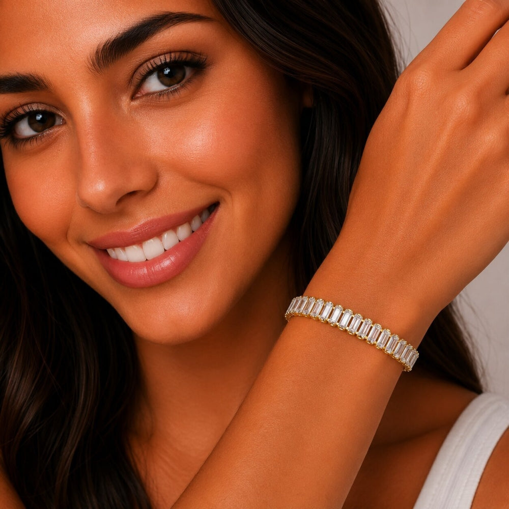 Oro Laminado Tennis Bracelet, Gold Filled Style Baguette Design, with White Cubic Zirconia, Polished, Golden Finish