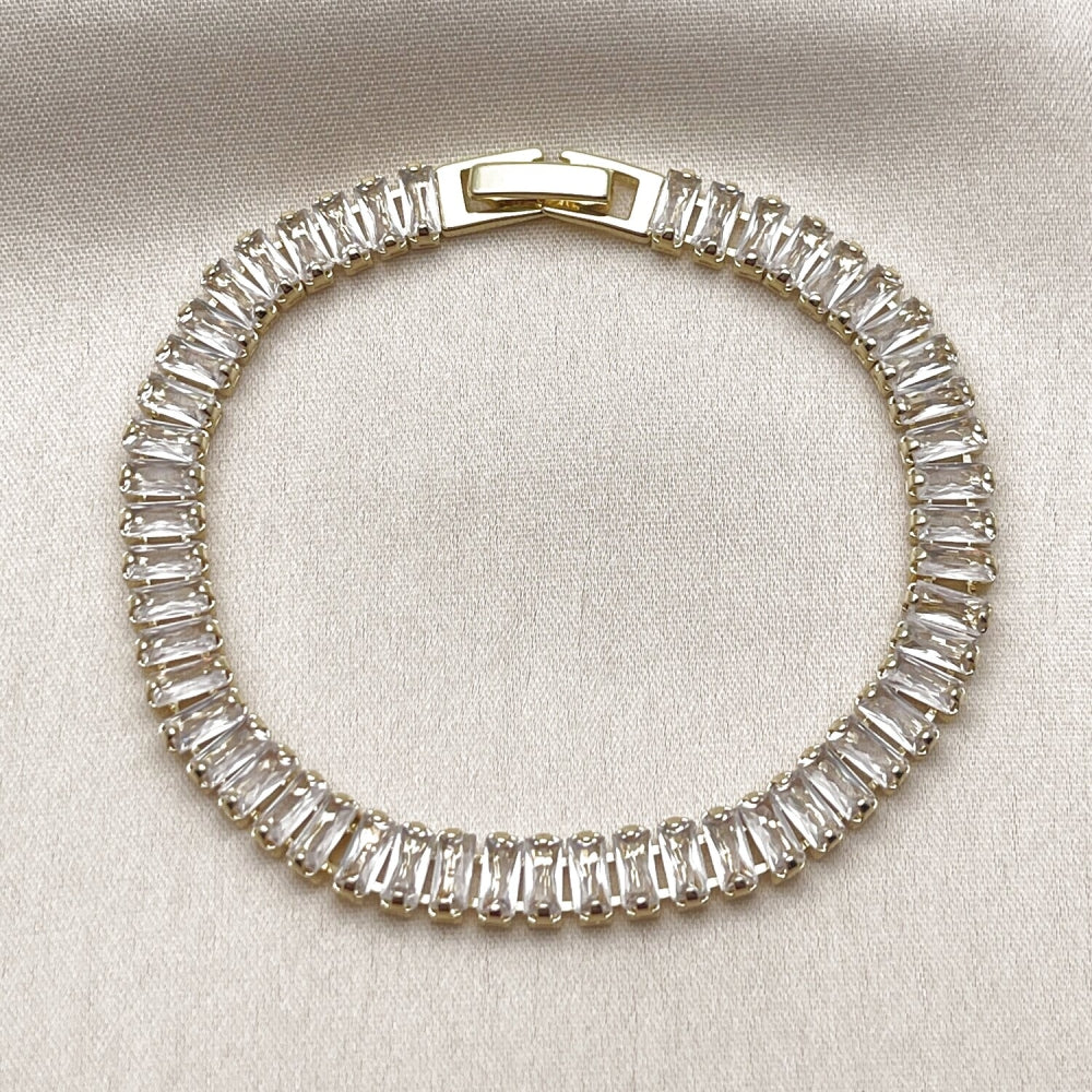 Oro Laminado Tennis Bracelet, Gold Filled Style Baguette Design, with White Cubic Zirconia, Polished, Golden Finish