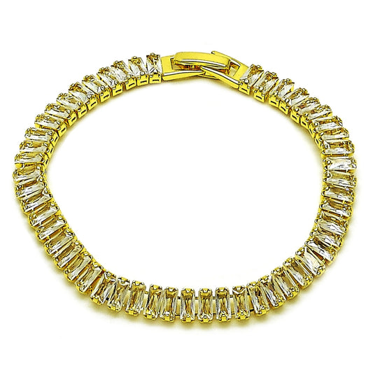 Oro Laminado Tennis Bracelet, Gold Filled Style Baguette Design, with White Cubic Zirconia, Polished, Golden Finish