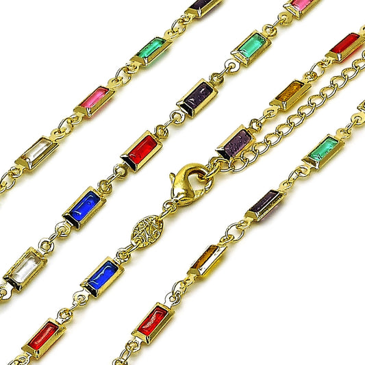 Oro Laminado Fancy Necklace, Gold Filled Style Baguette Design, with Multicolor Crystal, Polished, Golden Finish