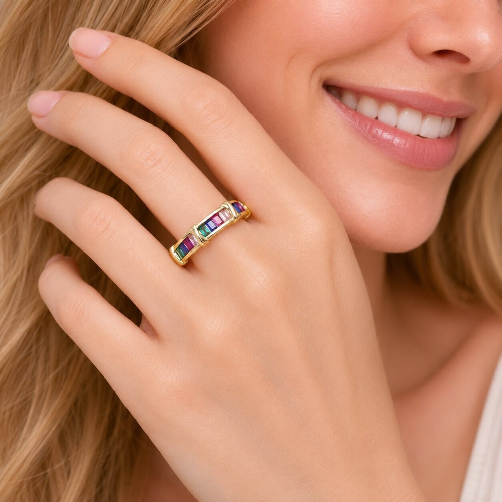Oro Laminado Multi Stone Ring, Gold Filled Style Baguette Design, with Multicolor Cubic Zirconia, Polished, Golden Finish