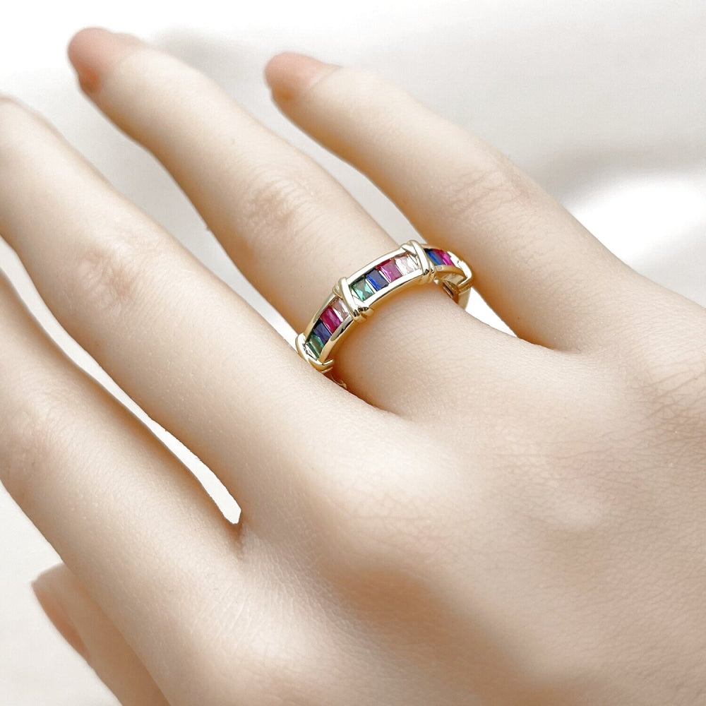 Oro Laminado Multi Stone Ring, Gold Filled Style Baguette Design, with Multicolor Cubic Zirconia, Polished, Golden Finish