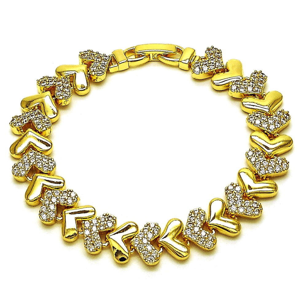 Oro Laminado Tennis Bracelet, Gold Filled Style Heart Design, with White Cubic Zirconia, Polished, Golden Finish