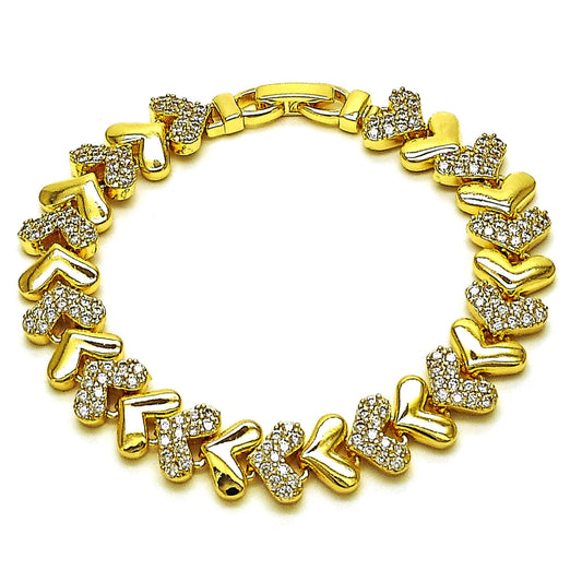 Oro Laminado Tennis Bracelet, Gold Filled Style Heart Design, with White Cubic Zirconia, Polished, Golden Finish