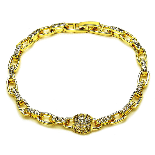Oro Laminado Fancy Bracelet, Gold Filled Style Paperclip Design, with White Micro Pave, Polished, Golden Finish