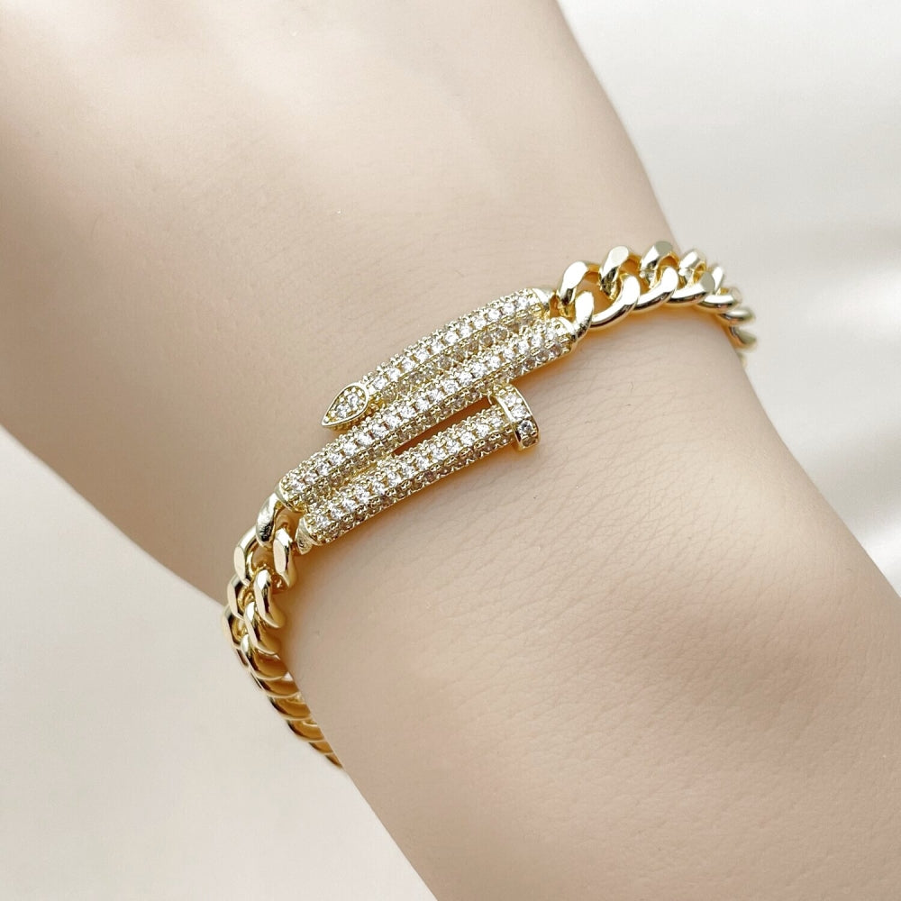 Oro Laminado Fancy Bracelet, Gold Filled Style Nail and Miami Cuban Design, with White Micro Pave, Polished, Golden Finish