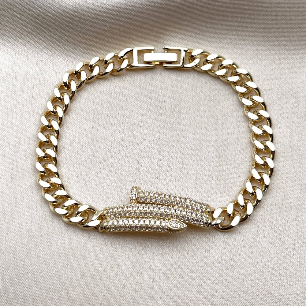 Oro Laminado Fancy Bracelet, Gold Filled Style Nail and Miami Cuban Design, with White Micro Pave, Polished, Golden Finish