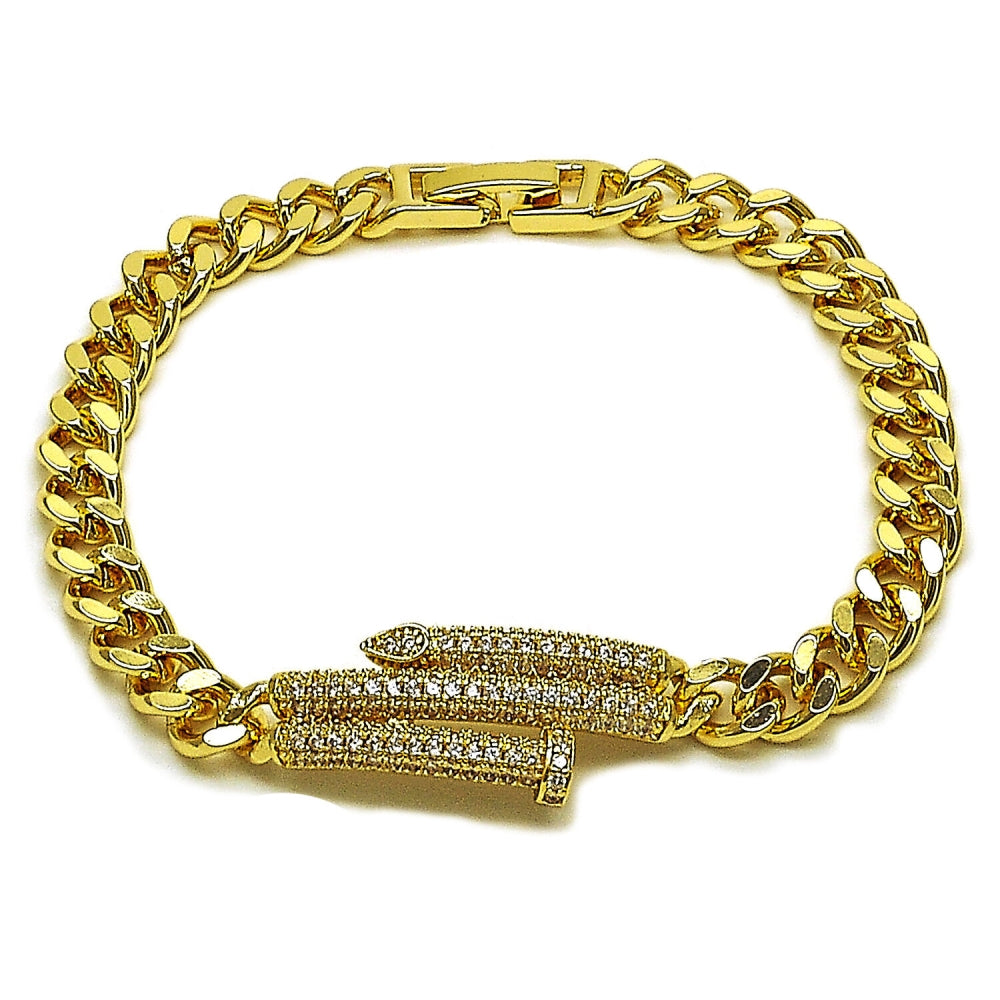 Oro Laminado Fancy Bracelet, Gold Filled Style Nail and Miami Cuban Design, with White Micro Pave, Polished, Golden Finish